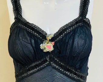 Antique French Mondaine Black Slip Dress 1930s Incredible Lace Sexy Pleated Bodice Bosom Flattering Distressed Flower Embellishment