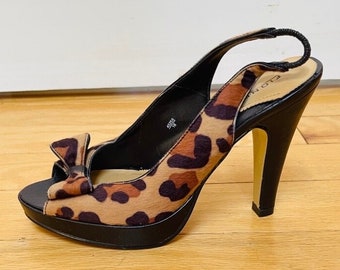 Deadstock 1990s Leopard Print Faux Suede Peep Toe Platform Sling Back Sandals Brown Shades Party Shoes Club Shoes U.S. Women’s Size 7.5