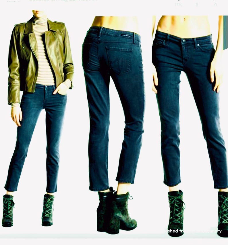 May include: Three images of dark wash denim jeans. The jeans are styled with a green leather jacket, a striped roll neck, and green lace-up boots. The jeans have a classic five-pocket design and a straight leg fit.