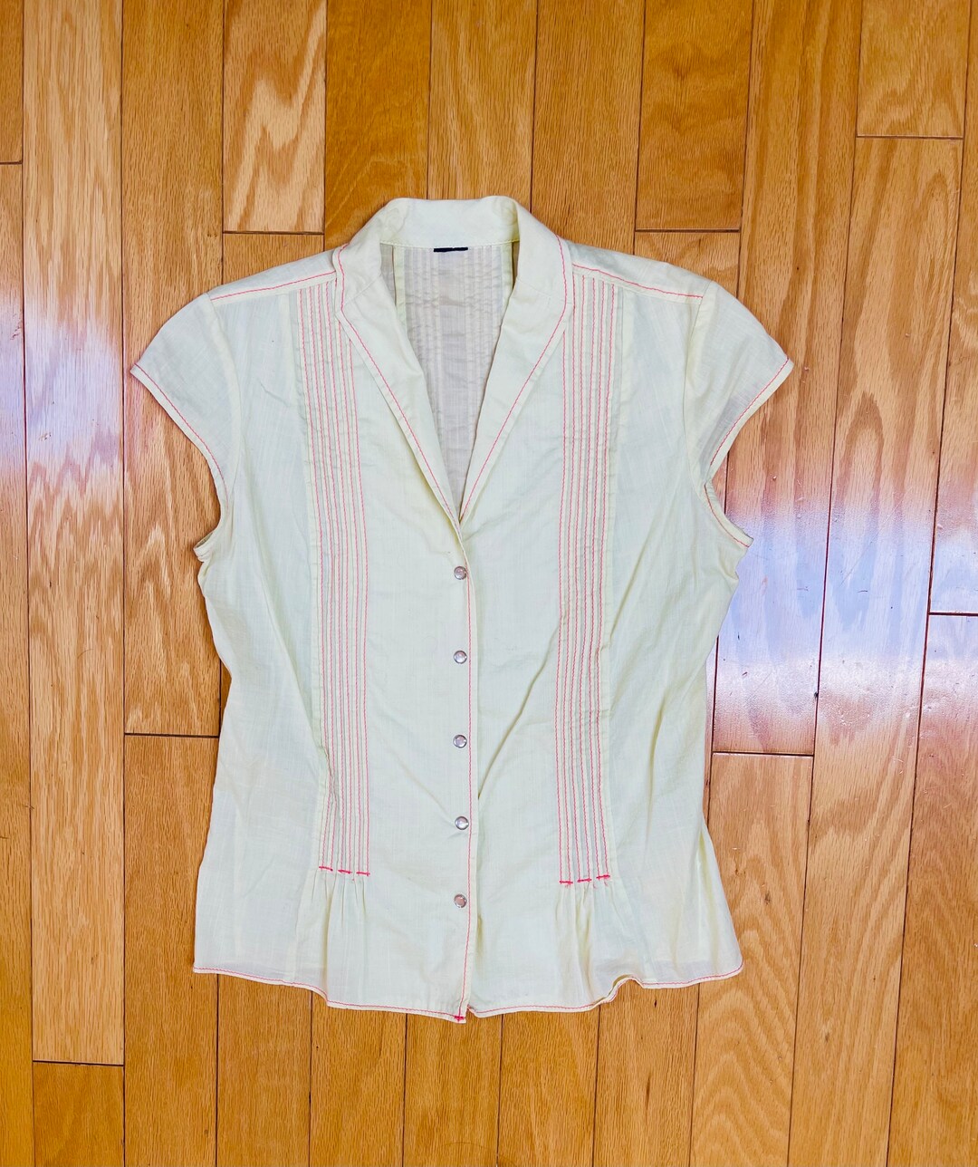 Soft Yellow Snap Button Blouse With Pink Contrast Stitching Etsy