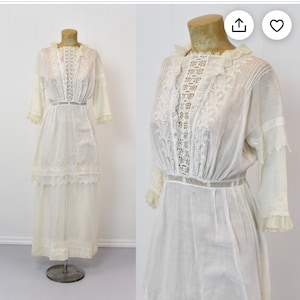 1800s / 1900s Authentic Beautiful White Cotton Ladies Long Dress Edwardian Victorian Regency Era Collectors Piece image 9