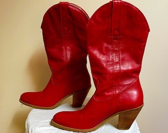 RARE Y2K Jessica Simpson Erdbeer-Rot Leder Cowboy Cowgirl Daisy Boots Lippenstift-Rot Butter weiches Leder Größe 5