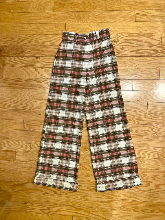 70s Madras Plaid Pants Seersucker Wide Leg Cuffed… - image 1