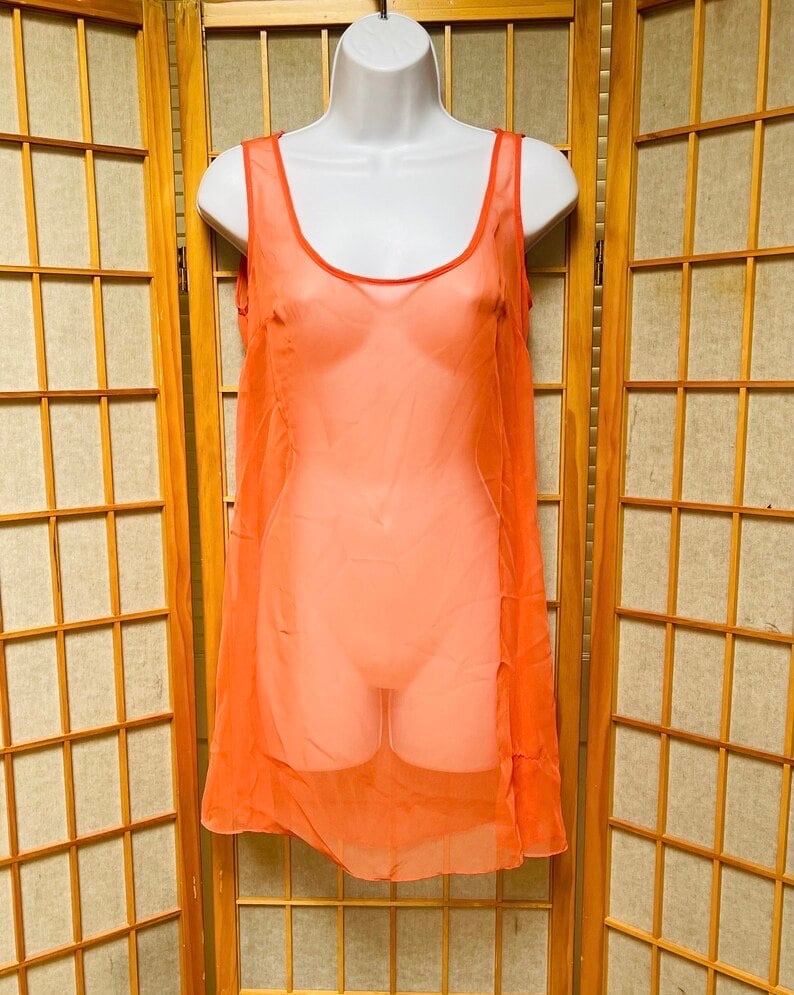 80s Sheer Slip Dress / Long Tank / Tunic Blood Orange Sleeveless Bosom Darts See Through Party Rave Club Layering