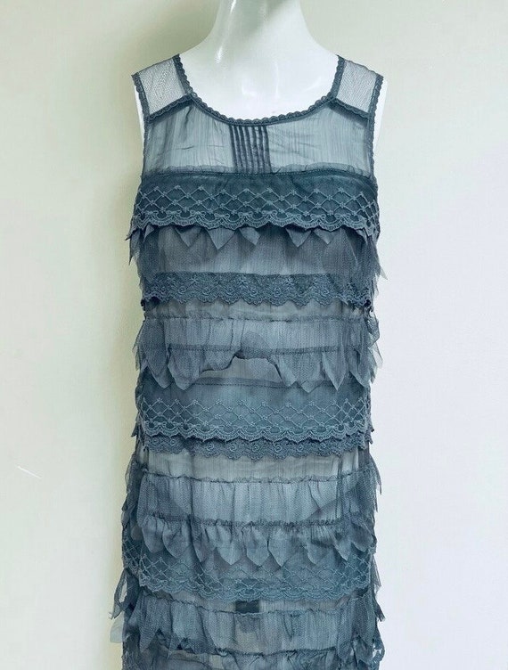 Beautiful Pewter Grey Tier Floral Lace Netting Sleeveless Semi-Sheer Party  Dress NWT New With Tag Deadstock Victorian Cottagecore Edwardian