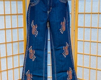 RARE 70s Embroidered Blue Dark Wash Denim Jeans Vintage Boho Hippie Bellbottom Bootcut Trousers Pants
