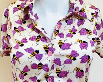 1970s Cute Bumble Bees Button Collared Short Sleeve Shirt AOP All Over Print Purple & Yellow Bees OOAK Animal Tops Pollinators Bees