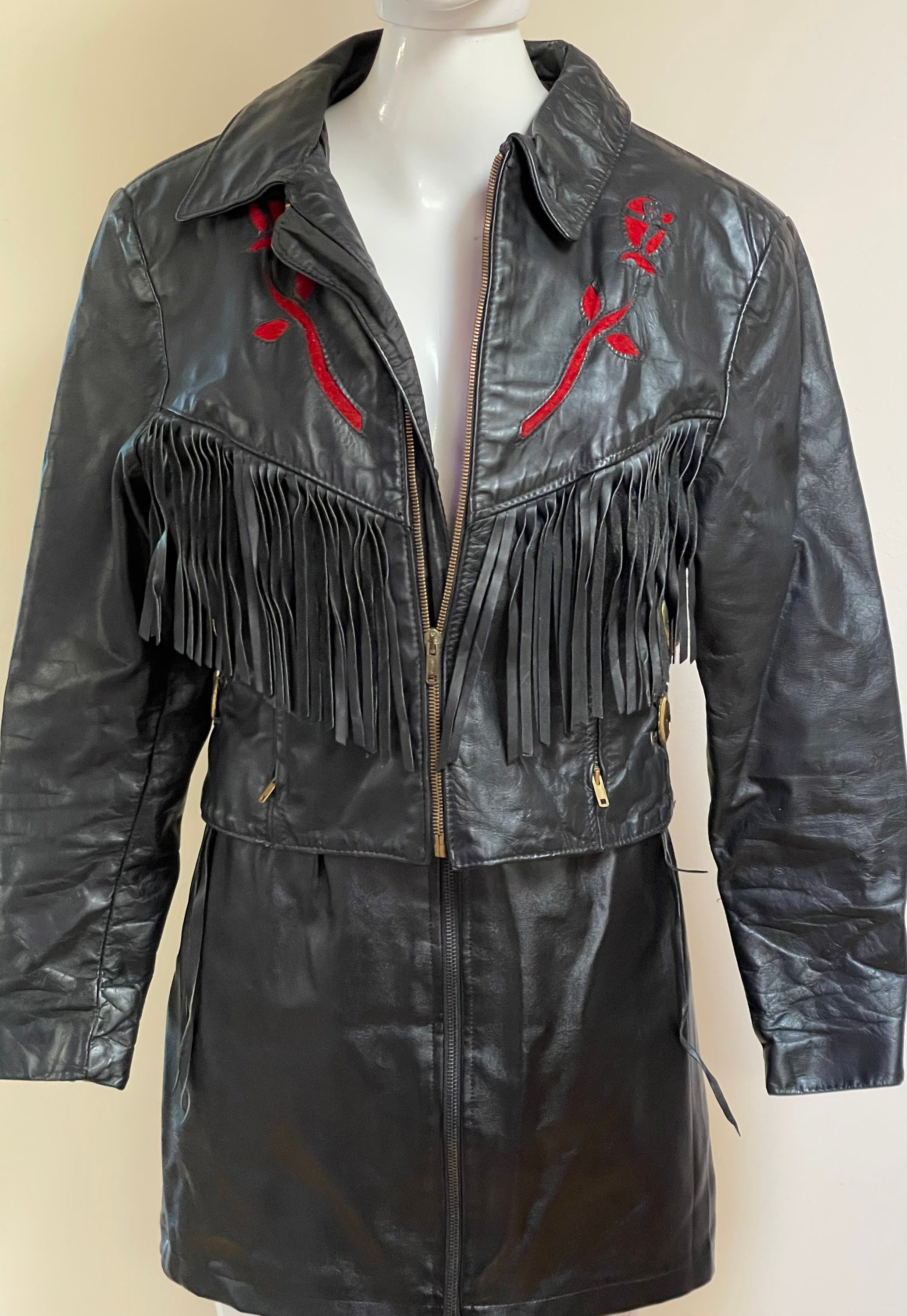 Black leather jacket with red roses deals