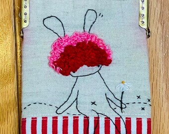 Hand Embroidered Fairy Daisy Flower Linen Glasses / Phone Case Candy Stripe Twist Gold Tone Metal Edging + Secure Twist Close Fairycore