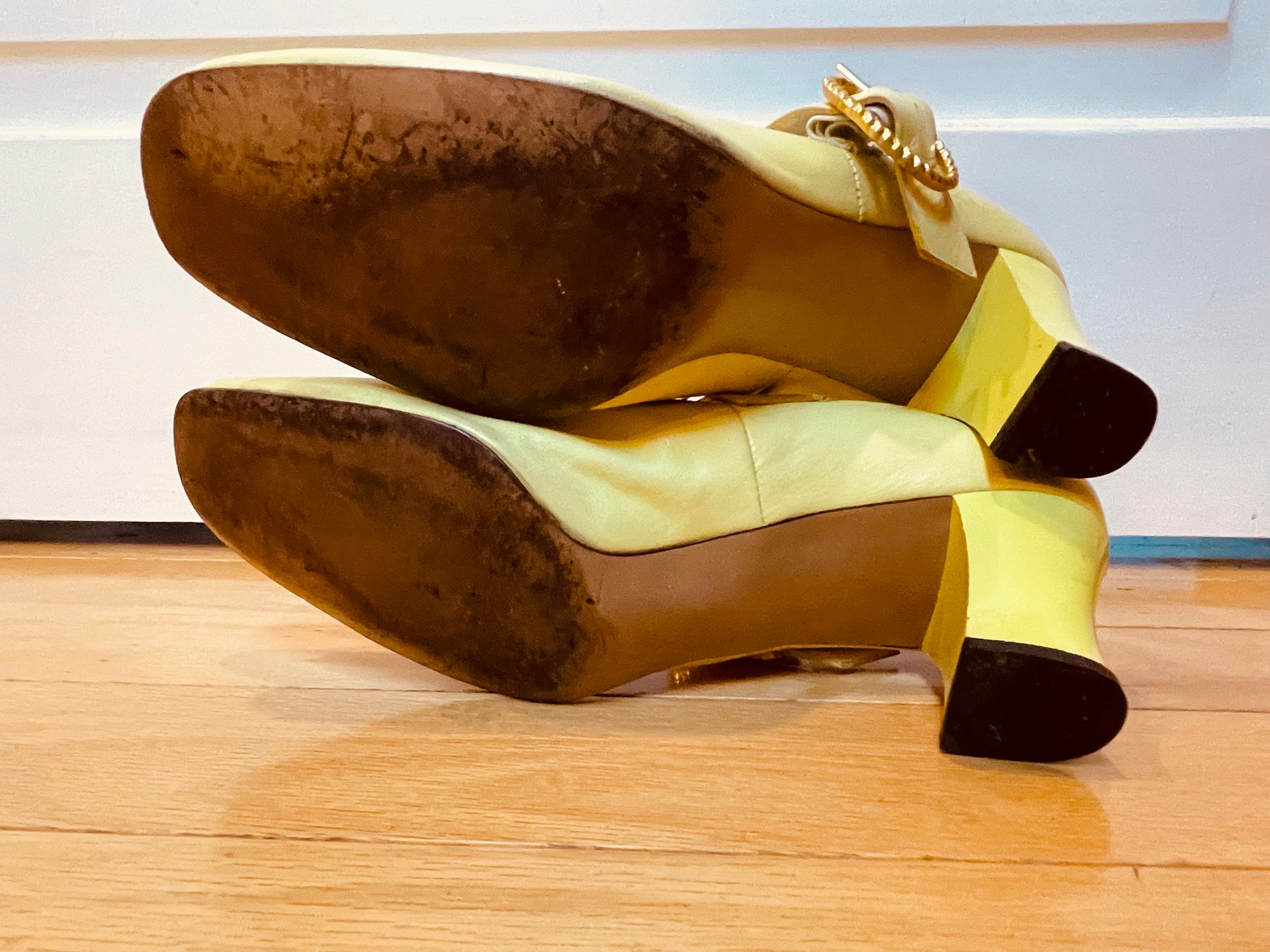 1960s Lemon Yellow Leather Mary Jane Heel Pumps Gold Buckle Strap