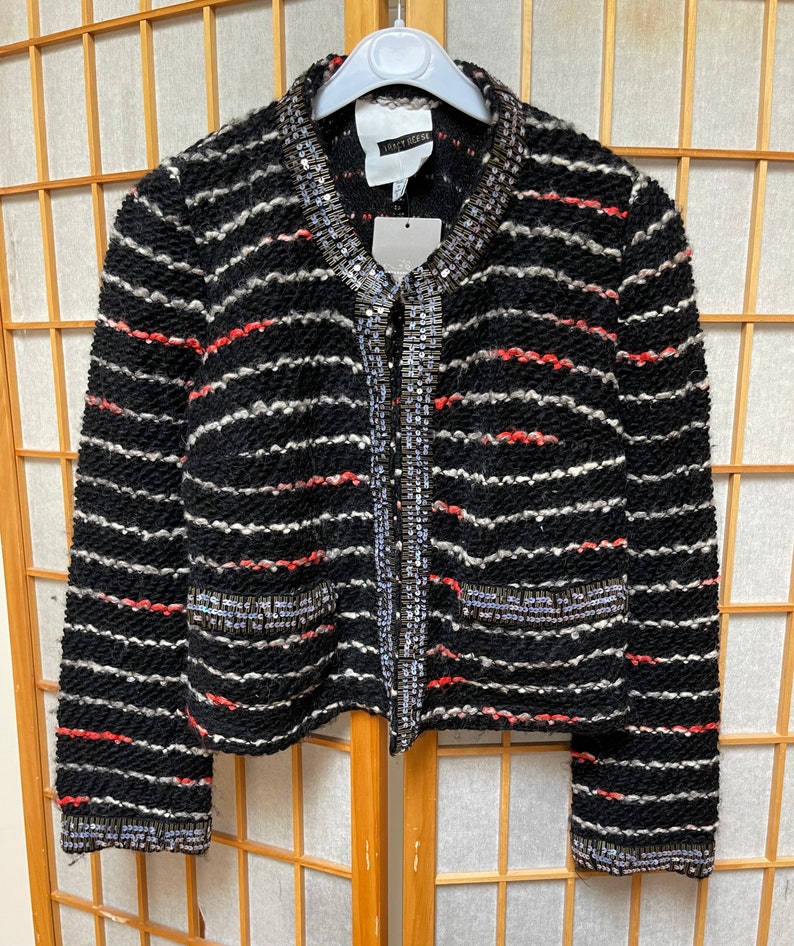 Alpacka, ull och akryl Tracy Reese för Anthropologie NWT Ny med etiketter Svart boucléstickad kavaj Glittriga paljetter Kavaj i Coco Chanel-stil bild 6