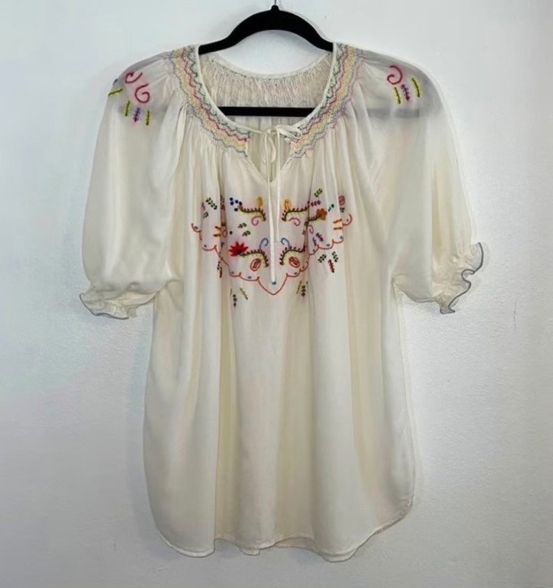 1930s 1940s Hungarian Embroidered Peasant Blouse Semi Sheer Peasant Folk Blouse Boho Farm Maiden Penny Lane Rustic Style Size Large image 1