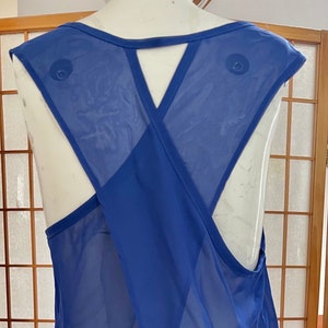 80s Sheer Blouse / Tank / Tunic Deep Cobalt Blue Sleeveless Cut Out Back Split Back Hem Front Pocket See Through Party Rave Club
