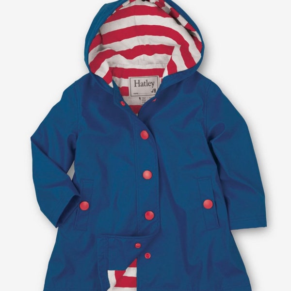 Hatley Girl’s Navy Red & White Rain Slicker Splash Jacket Raincoat Snap Buttons Fleece Lining Pristine Condition Like New Size 10