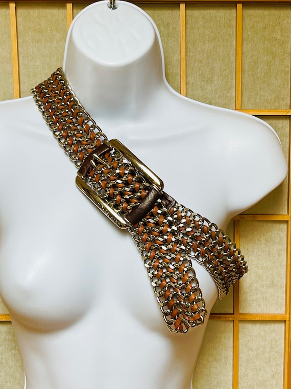 Michael Kors Brown Leather Metal Belt Chain Mail Link Metal  display picture 3
