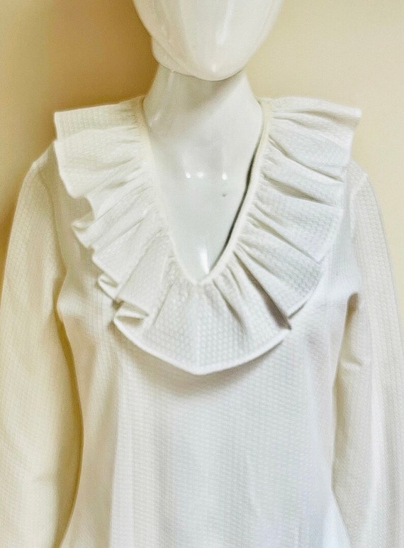 1960s Ruffle Collar Bodysuit Off White Textured F… - image 2