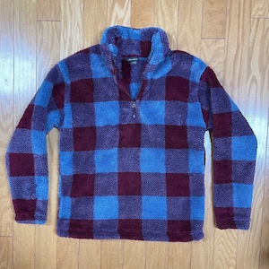 Y2K Eddie Bauer Pullover Beautiful Burgundy & Blue Plaid Fuzzy Blanket Fleece Jacket Soft + Warm Streetwear Athleisure Sportswear