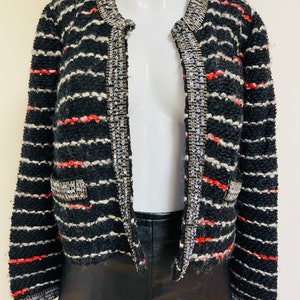 Alpacka, ull och akryl Tracy Reese för Anthropologie NWT Ny med etiketter Svart boucléstickad kavaj Glittriga paljetter Kavaj i Coco Chanel-stil bild 4