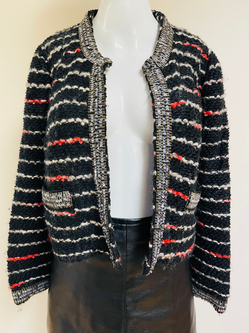 Alpacka, ull och akryl Tracy Reese för Anthropologie NWT Ny med etiketter Svart boucléstickad kavaj Glittriga paljetter Kavaj i Coco Chanel-stil bild 4