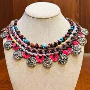 Beautiful Handmade Bib 90s Vintage OOAK Pink + Silver Necklace Bib Statement Necklace Beads & Gemstones