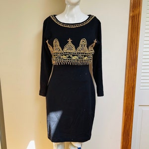90s Deadstock Wool Blend Elegant Black Gold & Silver Embroidered Beaded Embellished Ladies Knit Sweater Dress Luxe Elegant