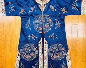 Antique 1920s Blue Chinese Satin Silk Hand Embroidered Robe Hand-Embroidered Vintage Asian Kimono Coat Collectible Wall Art Museum Quality