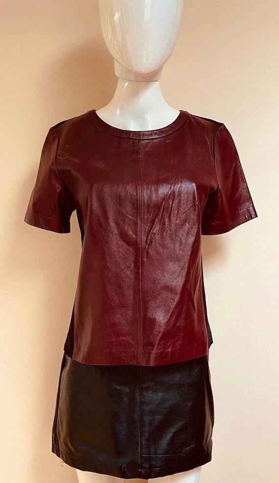 Burgundy-Brown Leather Top Y2K Colorblock Burgundy