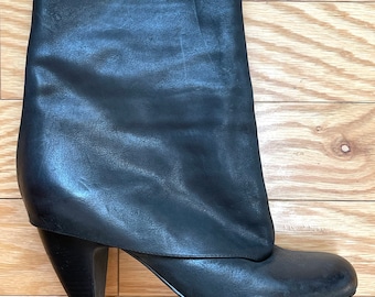 Black Leather Foldover Booties Puss In Boots 90s Deadstock Club  Round Raised Toe Tapered Heel U.S. Women’s Size 7.5M / 7.5 M / 7.5 Medium