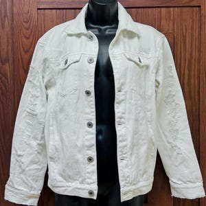 90s Studios Brand Distressed White Denim Jean Jacket Broken In Streetwear Clubwear Campus Punk Grunge Skater Rave Alt Industrial