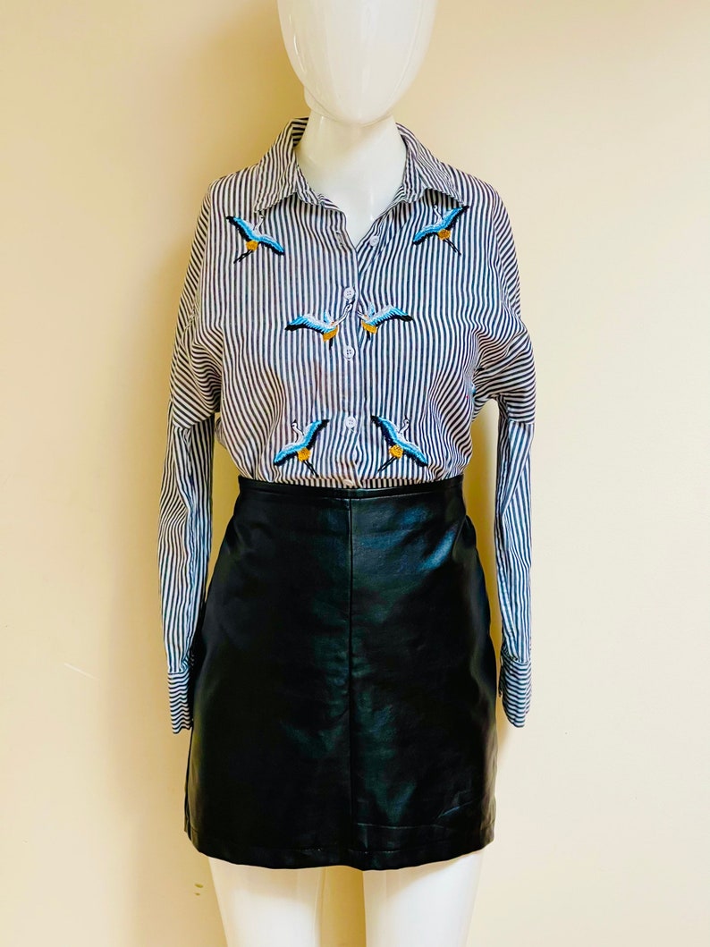 Y2K Striped Shirt Embroidered Cranes Blue & White Stripes Base