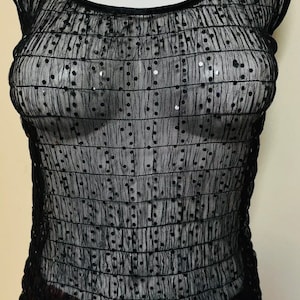 Mesh & Sequins Sheer Net Netting Pullover Top Sleeveless Top Wide Scoop Boat Neckline Sparkly Sequins Transparent Size Medium