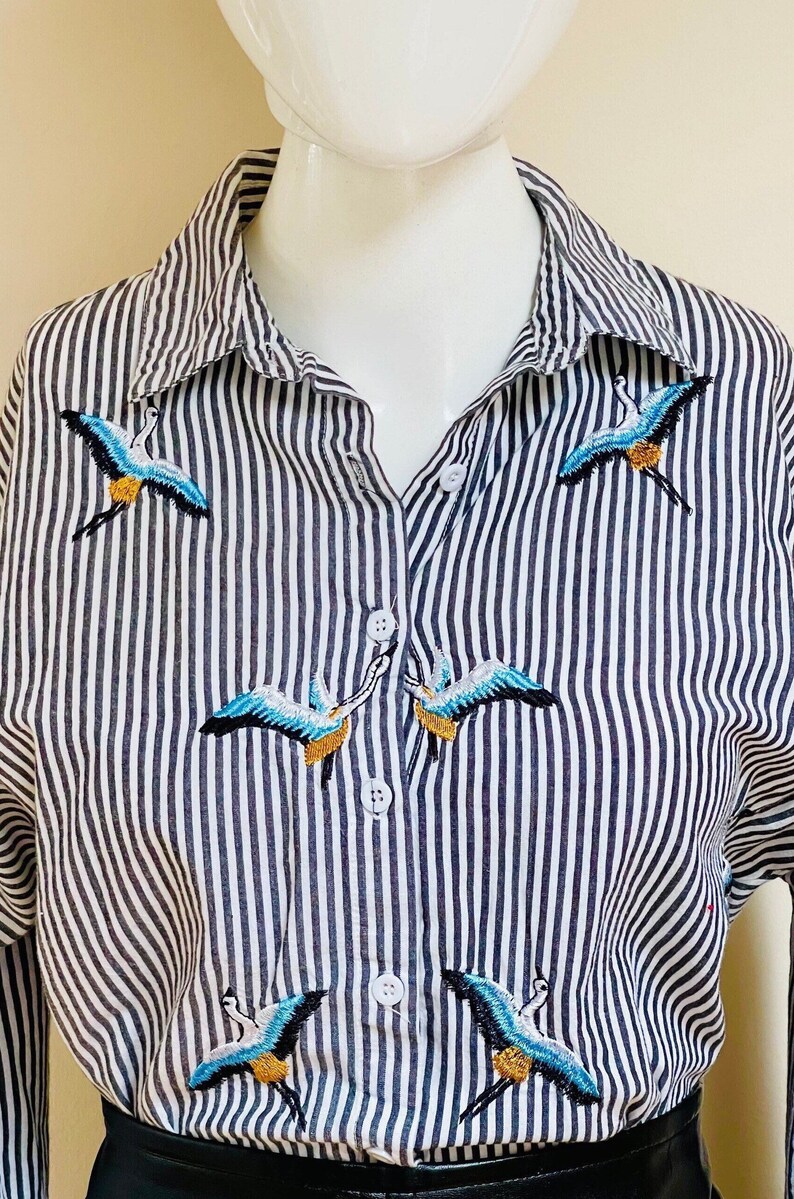Y2K Striped Shirt Embroidered Cranes Blue & White Stripes Base