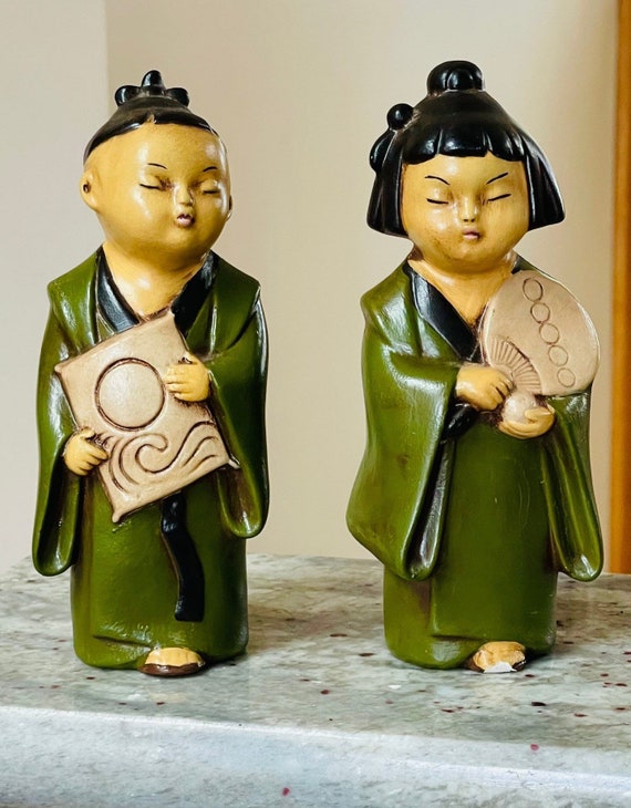 1940s Chinese Figurines Set Handpainted Table Top Ceramic Statutes