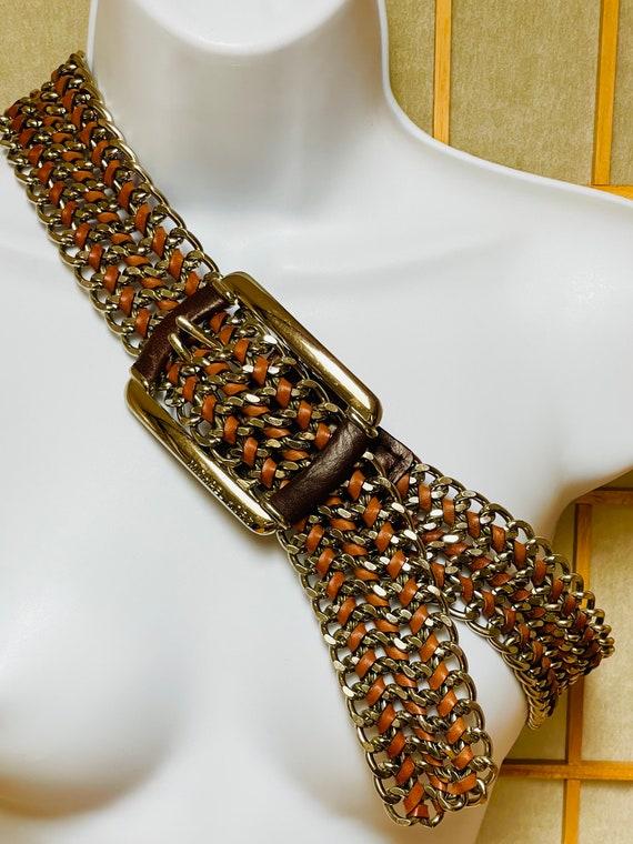 Michael Kors Brown Leather Metal Belt Chain Mail … - image 2