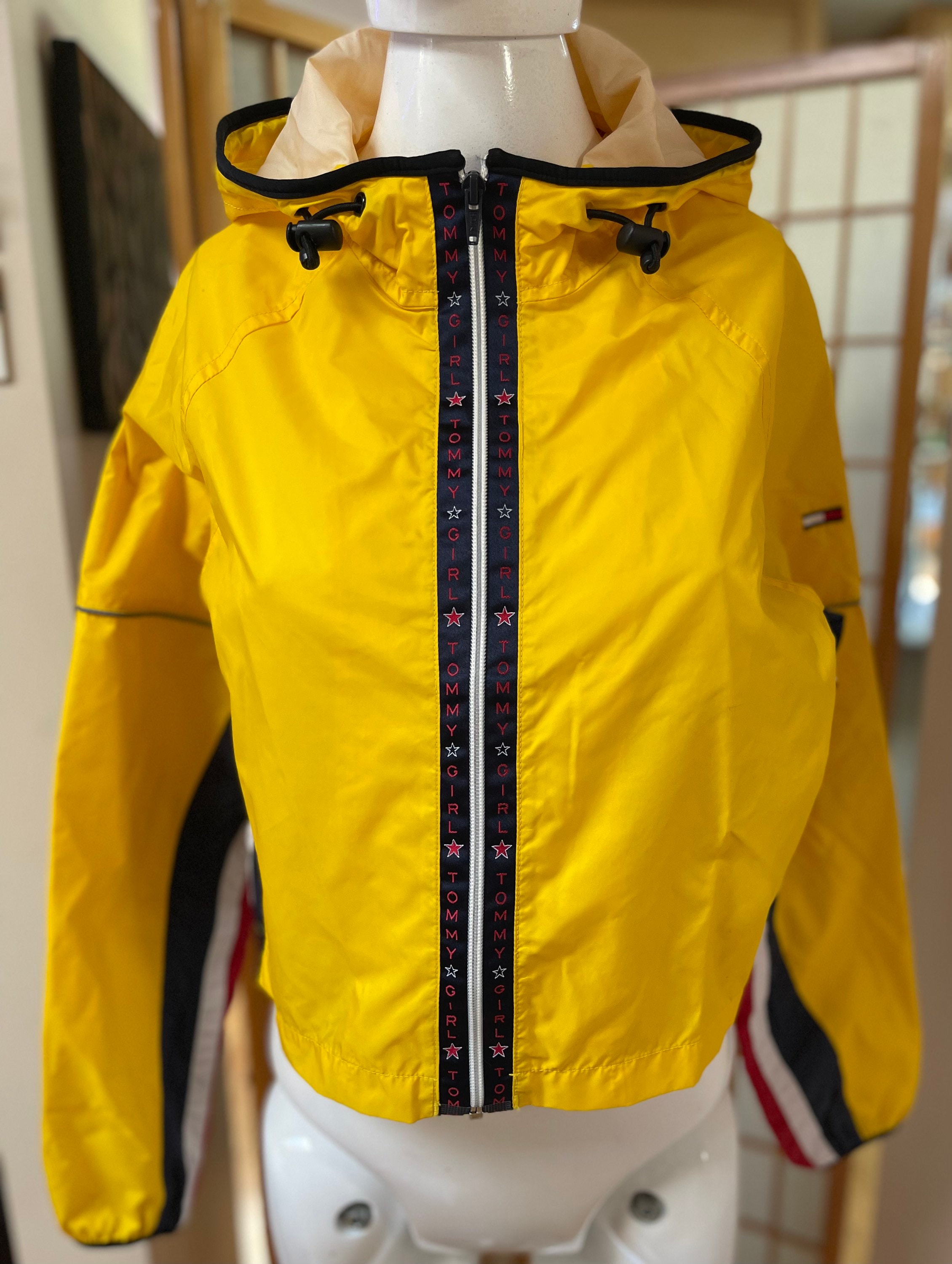 1990s Windbreaker TOMMY HILFIGER Unique Neon Yellow Cropped Hooded