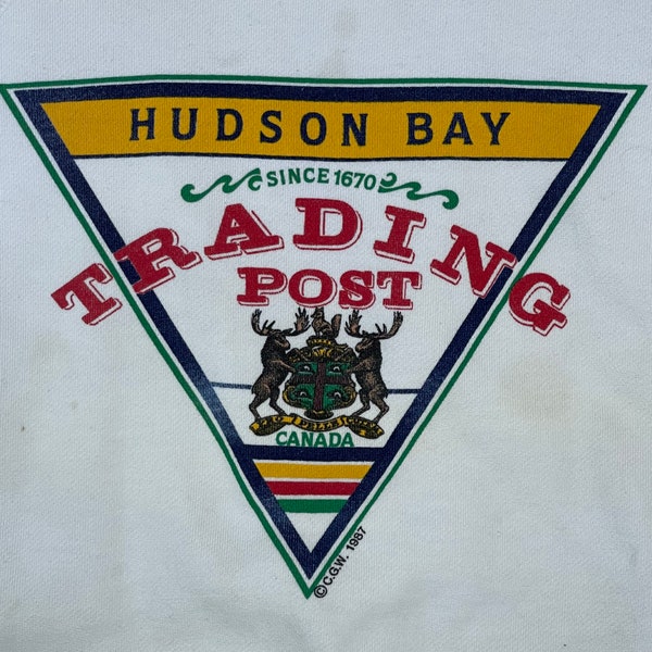 RARE Vintage 1987 Hudson’s Bay Trading Post Sweatshirt Crewneck Hudson’s Bay Zahnrad Canadian Pride Herren Outdoor Vintage Big Print Logo Herren M