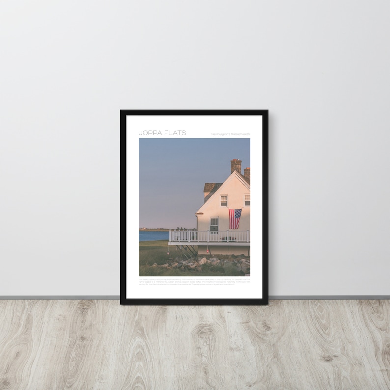 Joppa Flats, Newburyport framed travel poster propped up against wall