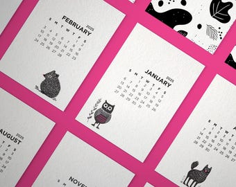 Calendario ilustrado imprimible 2025 / Diseño minimalista en tamaño carta / Plegable o de doble cara