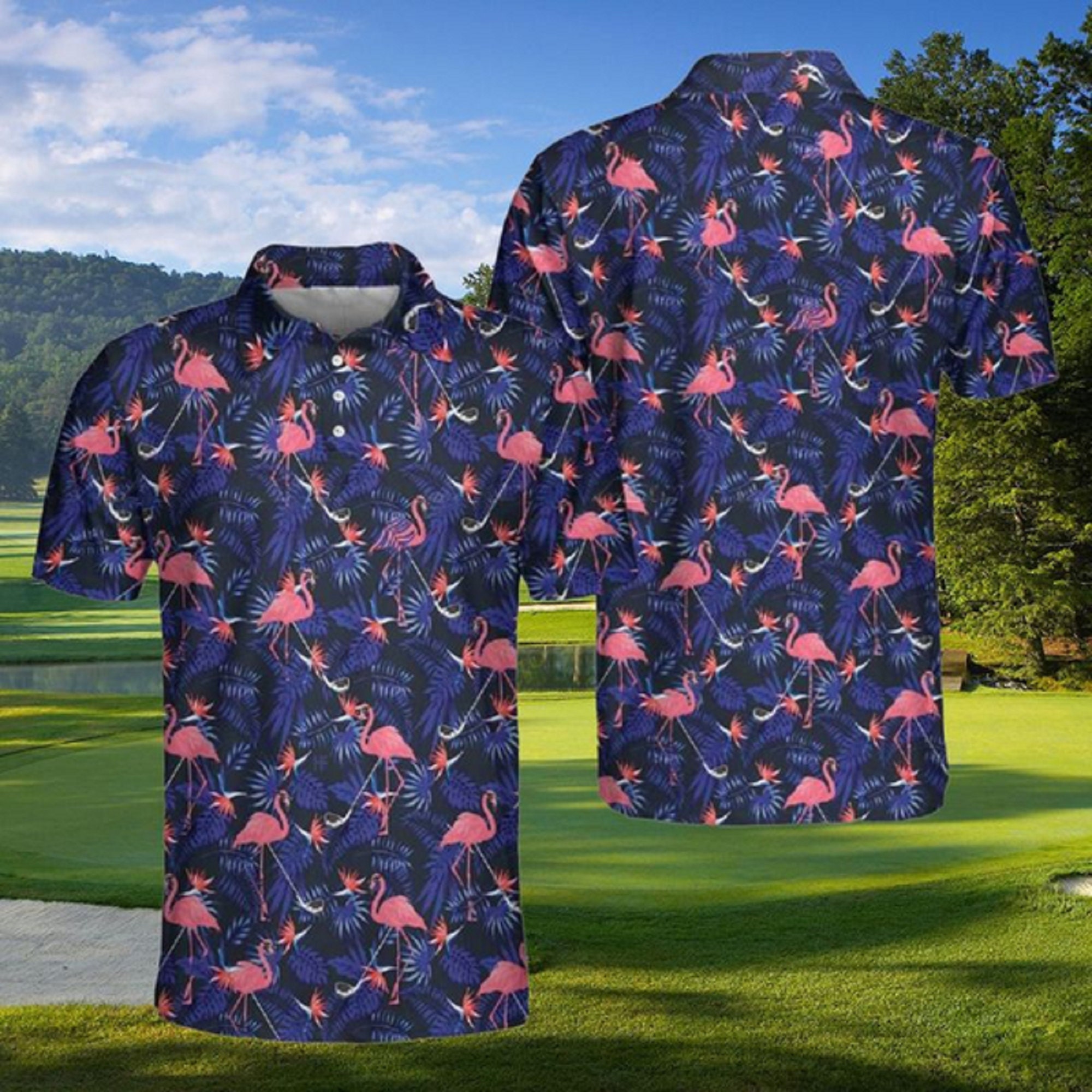 Flamingo Tropical Polo Shirt Flower And Flamingo Golf Blue Flamingo For