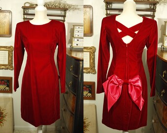 Vintage 80s Red Velvet Big Bow Christmas Dress Red Velvet Dress Big Bow Dress Vintage Velvet Dress Vintage Dress with Bow