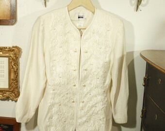 Vintage Leslie Fay Blouse Pearl Button Blouse Lace Button Down Blouse Ivory White Button down Blouse Pearl Blouse