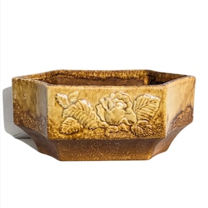 May include: A vintage, octagonal planter with a raised rose and leaf design. The planter is a mix of light and dark brown tones, with a textured surface. The floral relief adds a classic touch to this decorative piece, suitable for indoor or outdoor use.