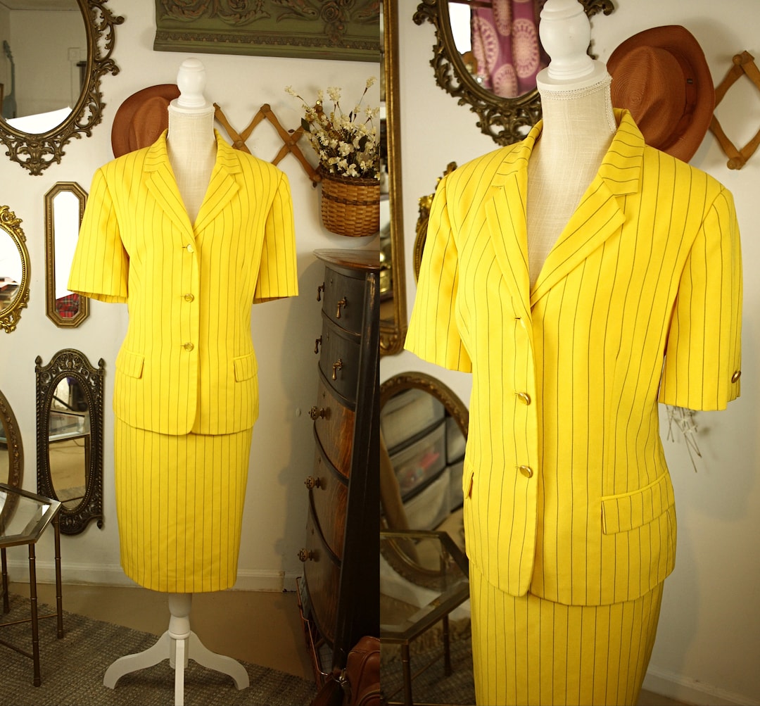 Vintage Pinstripe Skirt Set Vintage Pinstripe Suit Set Vintage Yellow Suit Vintage Pinstriped