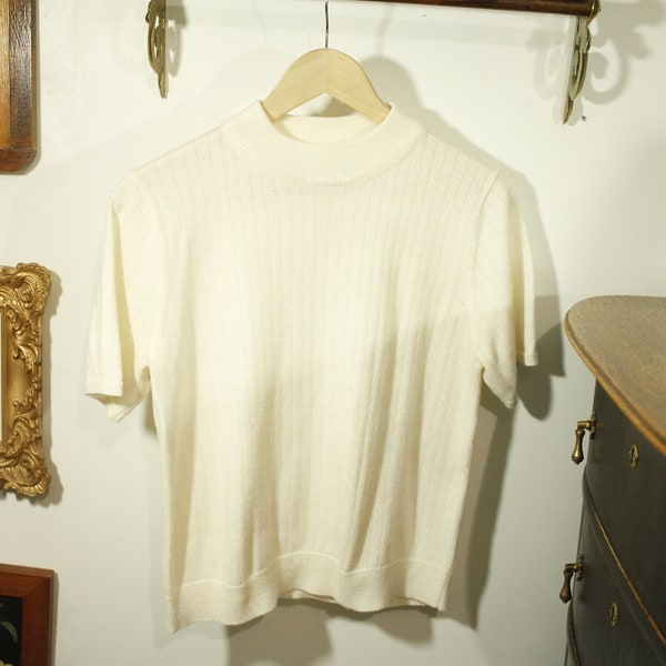 Sag Harbor Off White Sparkly Mock Neck Short Sleeved Sweater Mock Neck Sweater Sparkly Sweater White ribbed Sweater