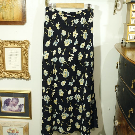 Vintage Navy Blue Floral Long Skirt Y2k Long Flora