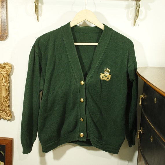 Vintage Green Cardigan with Military Emblem Emera… - image 1
