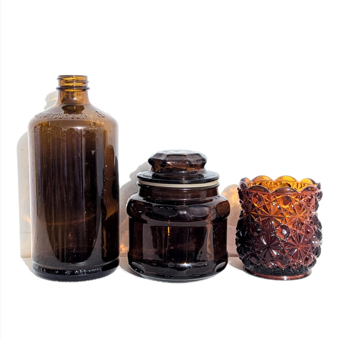 Lot of 3 Vintage Amber Glass Container With Lid Apothecary Jar Anchor ...