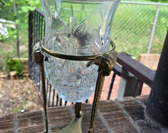 Vintage Brass Ram’s Head Vase Holder Stand with glass vase Heavy Solid