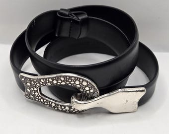Chicos Vintage Black Leather Belt Ornate Silver Pebble Hook Eye Buckle Womens M
