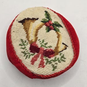 Vintage Needlepoint Christmas Door Knob Cover Red Velvet French Horn Holly Bow